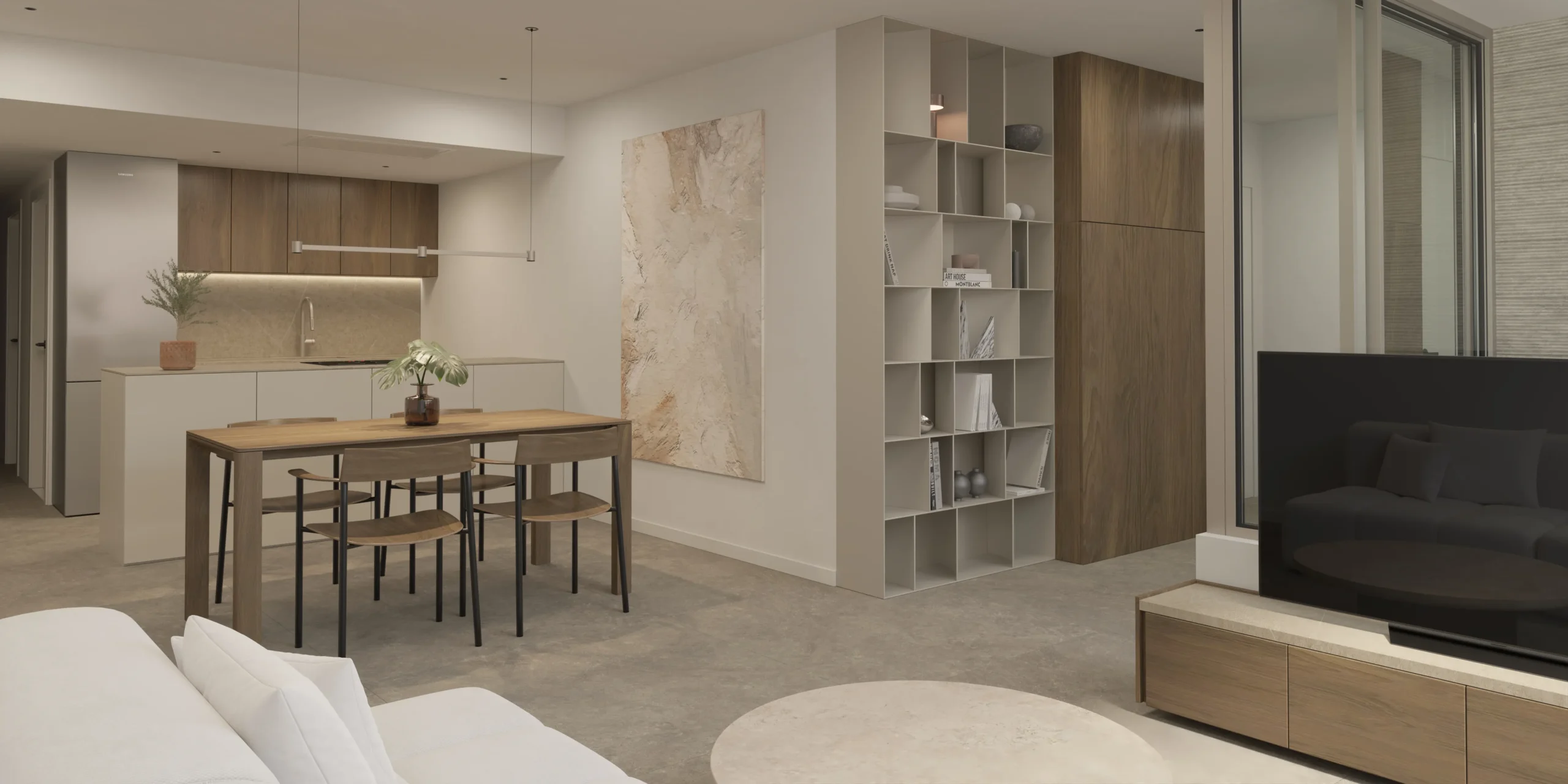 e6a-residencial-agustina-de-aragon-render-reforma-interior-03-scaled raco-patraix-salon-comedor-cocina-madera-microcemento-valencia